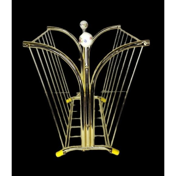 VTG MCM Gold Brass Tone Magazine Holder Porcelain Floral Ball Hollywood Regency - Picture 9 of 11